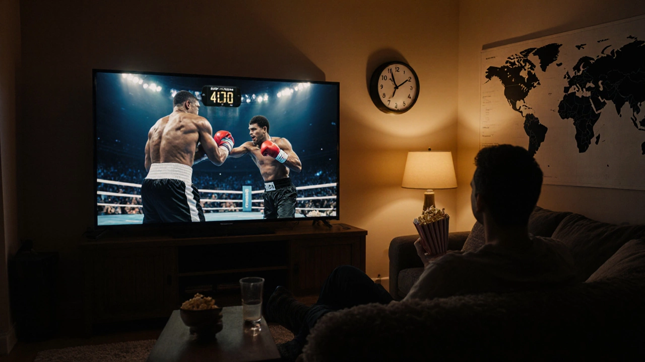 A fan watches a televised 12‑round bout at home with snacks as a wall clock shows local time.