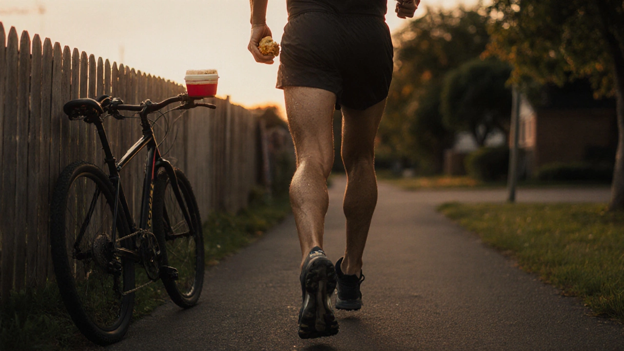 A runner in basic shoes eating a simple meal after training.