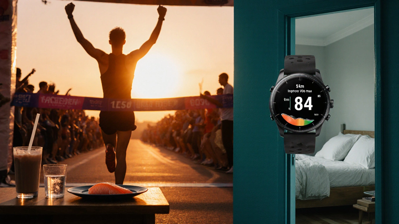 Athlete finishing a 5 km race with nutrition and sleep elements nearby.