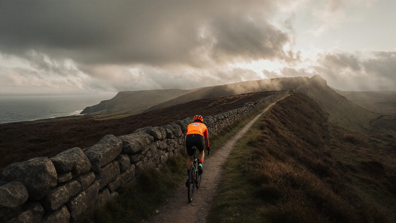 Cinematic view of a cyclist on Hadrian&#039;s Wall with misty hills in the background.
