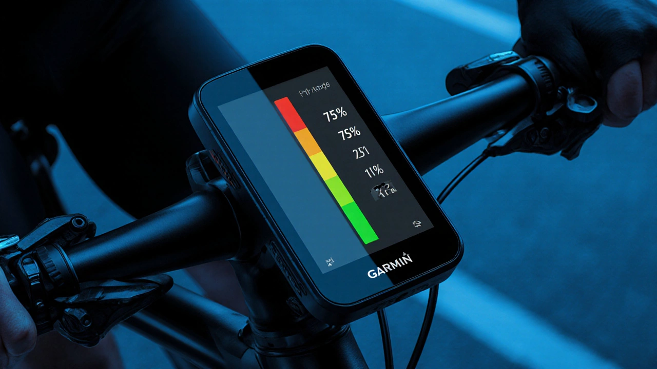 Close-up of a bike computer screen displaying green and yellow intensity zones on a handlebars mount.