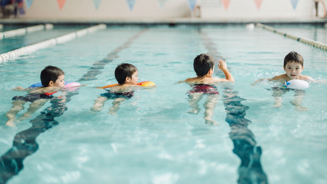 Composite showing a child&#039;s swimming milestones from floating to full crawl.