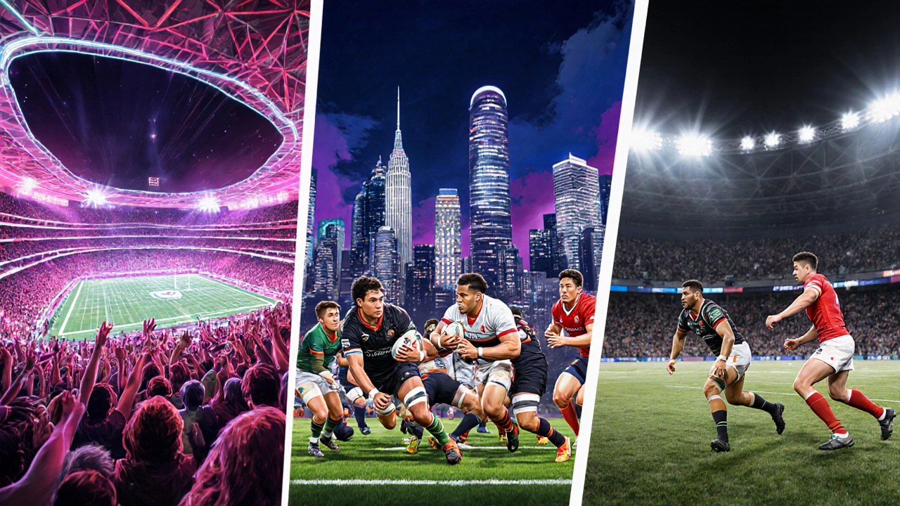 Digital artwork of modern rugby in Japan, USA, and Georgia with neon stadiums and excited crowds.