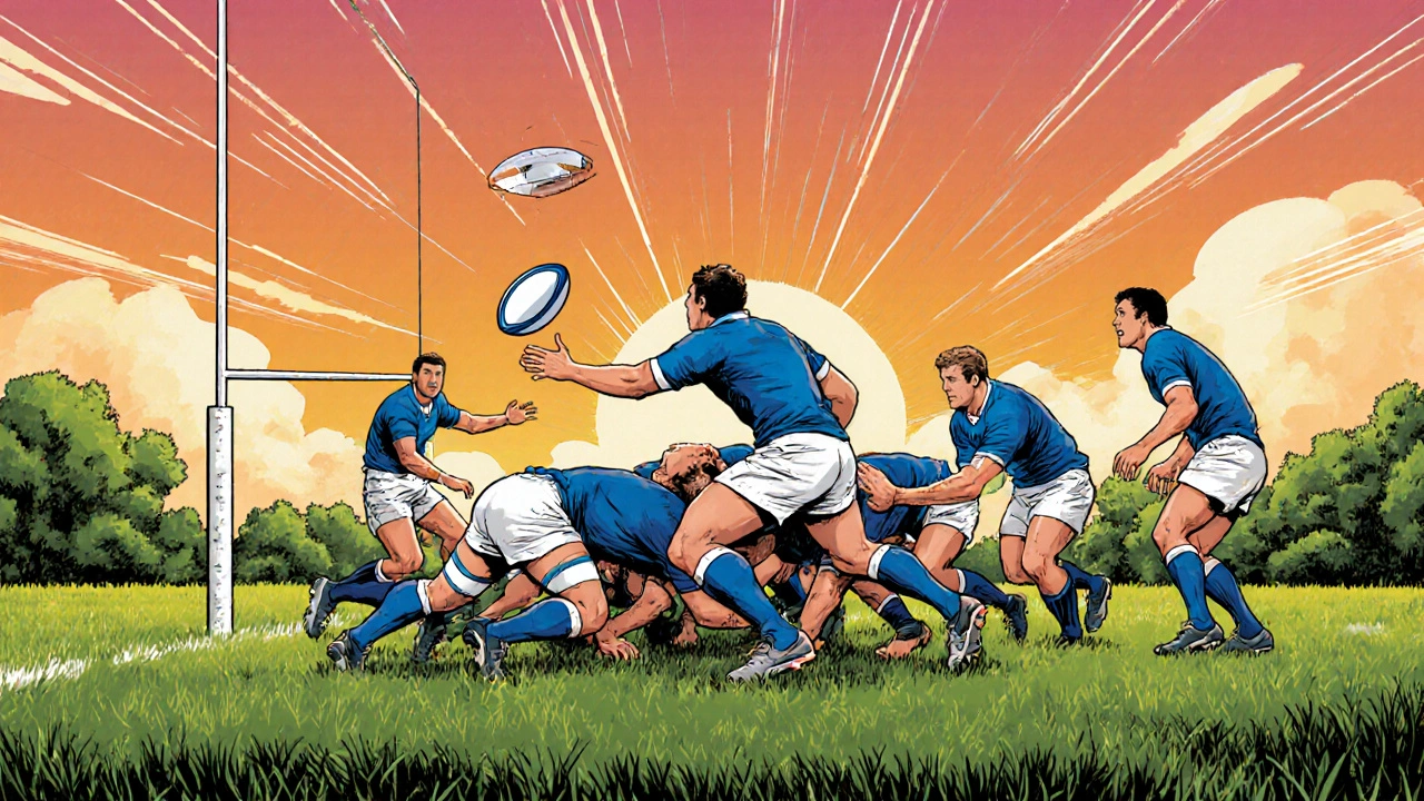 French rugby match showing a try, line‑out and scrum on a sunny field.