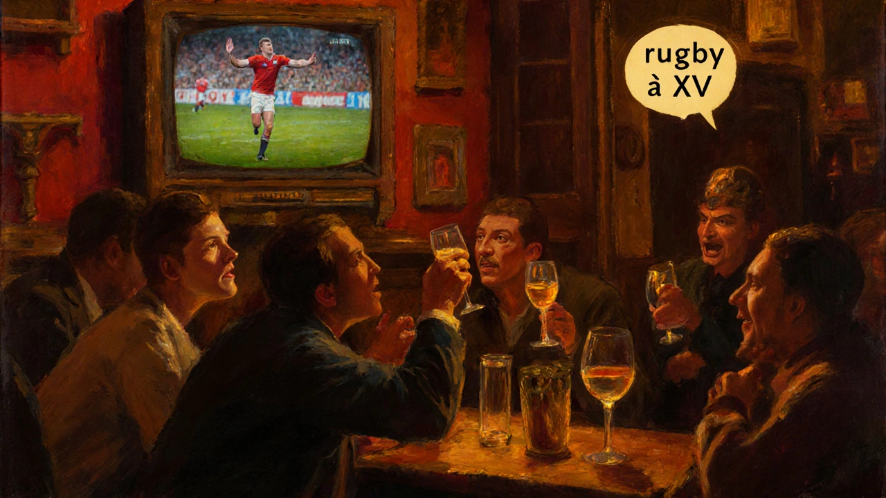 Friends in a French bar watching a rugby game on TV and cheering.