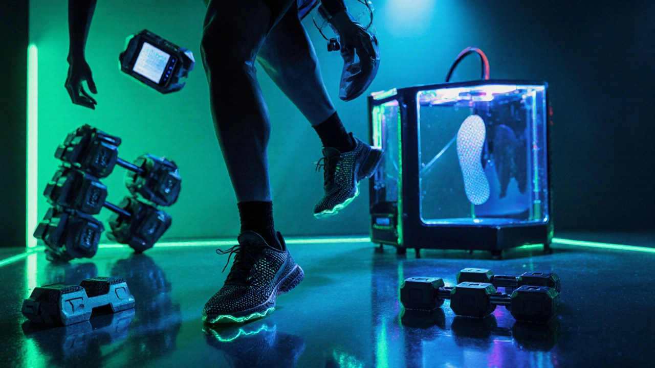 Futuristic athlete using high‑tech, eco‑friendly sport equipment in a modern lab.