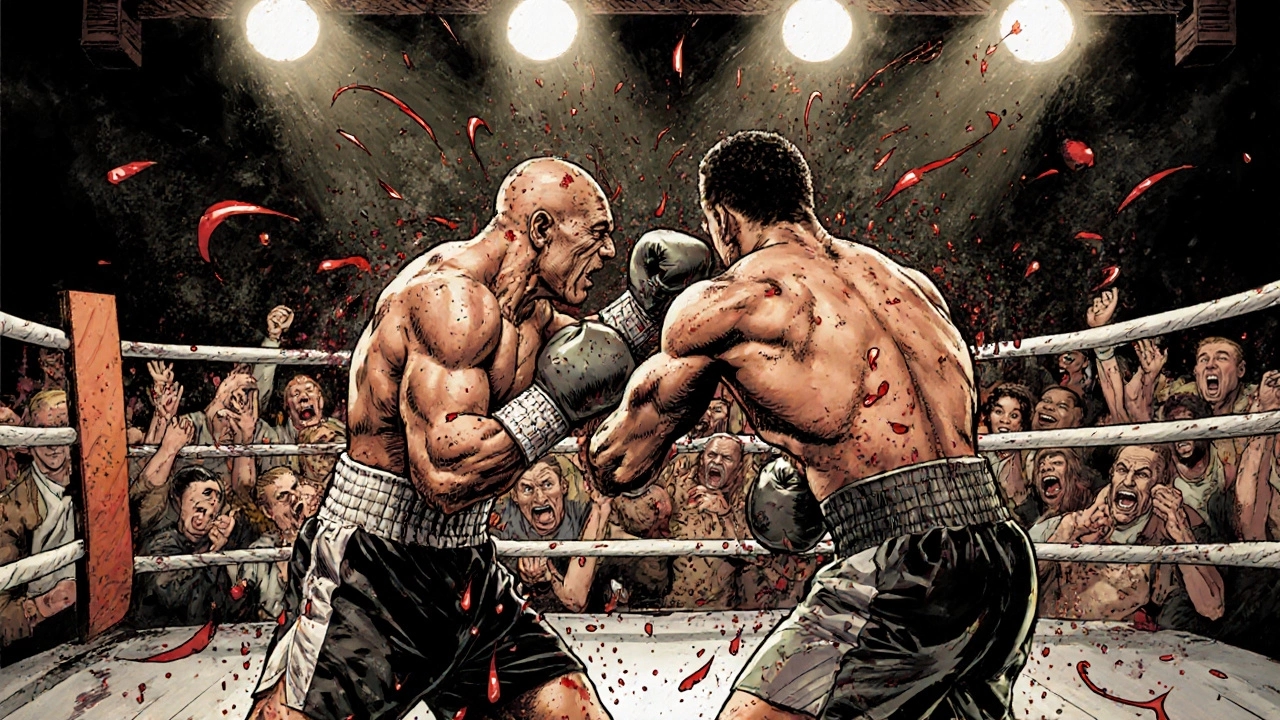 Illustrated chaotic boxing brawl with intense punches and crowd.
