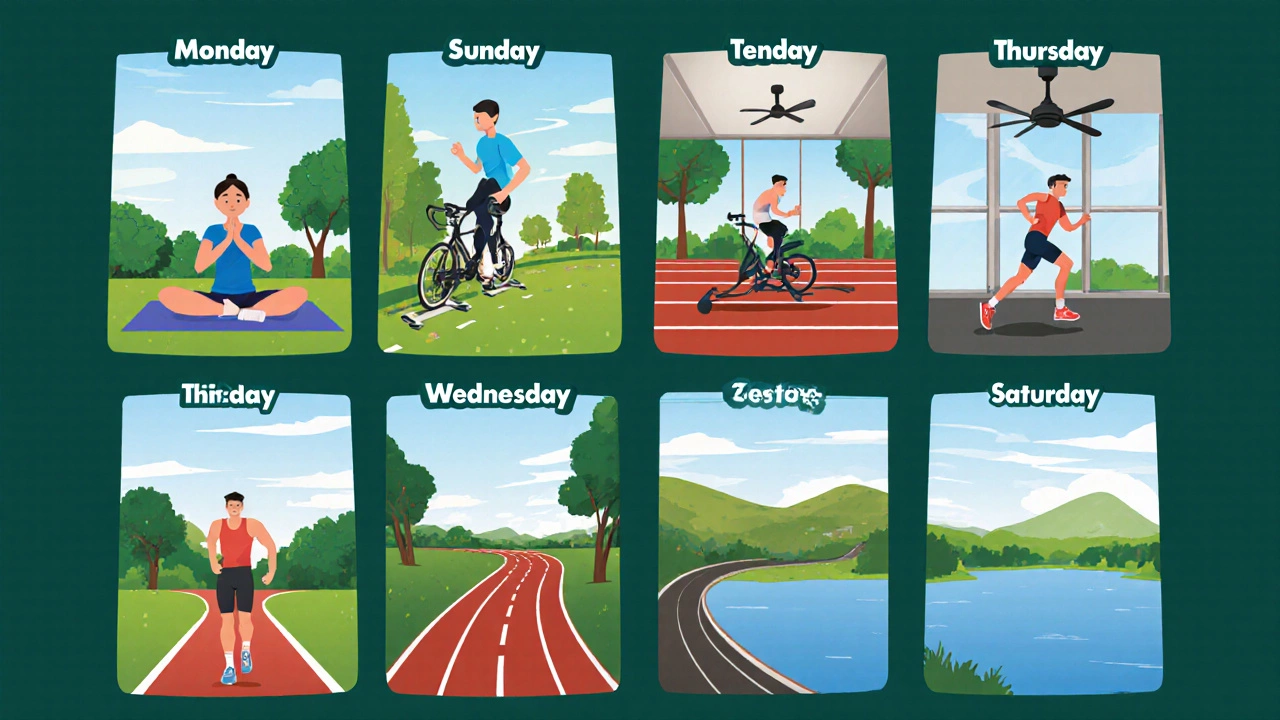 Illustrated collage of a week’s marathon training: yoga, easy run, bike, tempo run, long run, recovery jog.