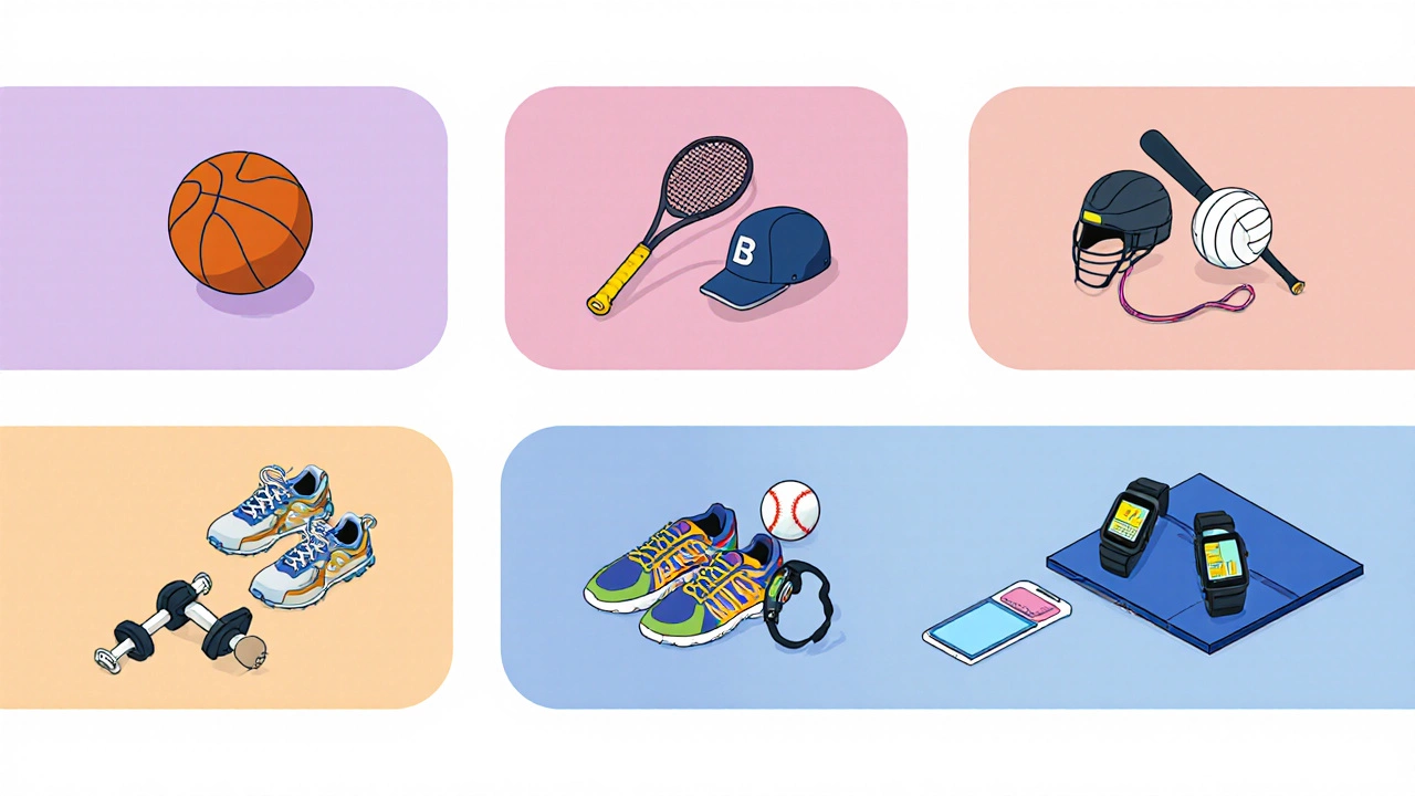 Illustrated layout grouping sport equipment categories with representative items for each.