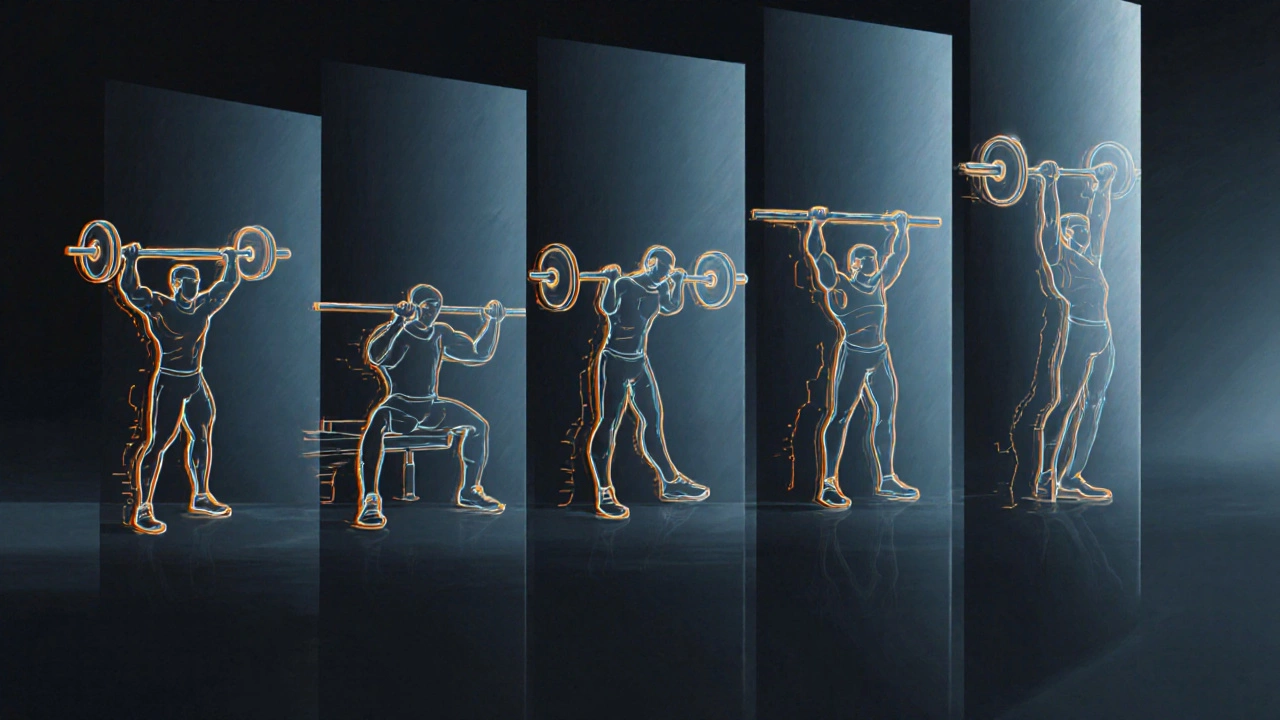 Illustrated lifter in five sequential poses performing the Big 5 lifts with highlighted form cues.