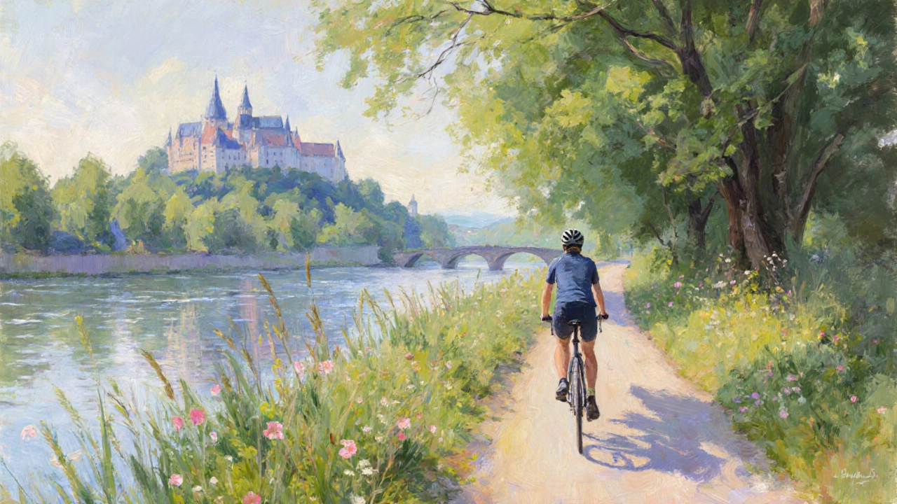 Impressionist scene of a cyclist riding along the Danube past castles and trees.
