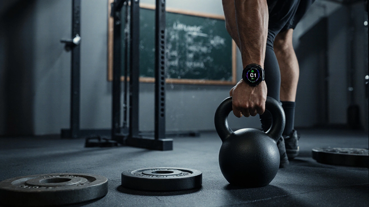 Lifter checking a smartwatch after a set, with weights and kettlebell suggesting progress.
