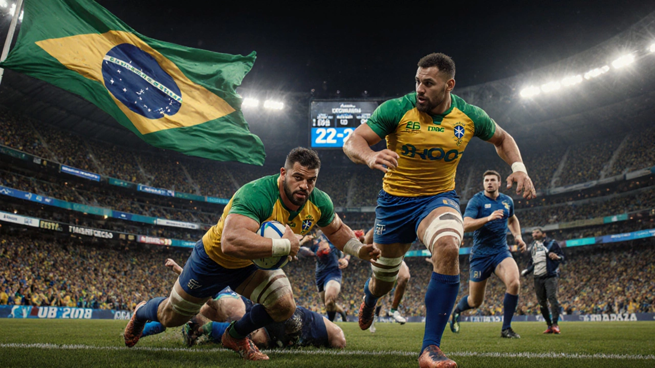 Modern Brazil rugby team in action under stadium lights, featuring Guta Genta and Felipe Santos.