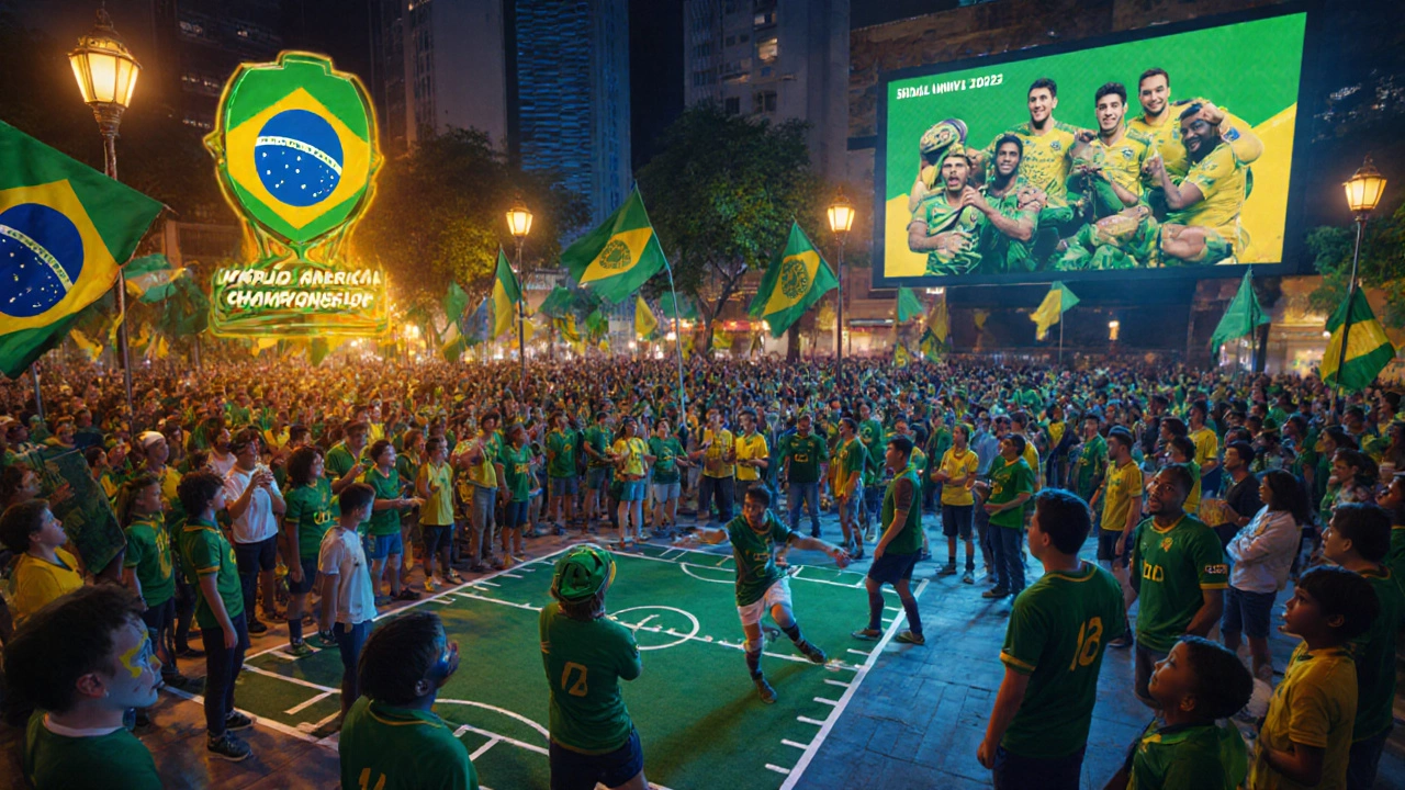 Nighttime fan rally in São Paulo with colorful banners and a young player practicing.