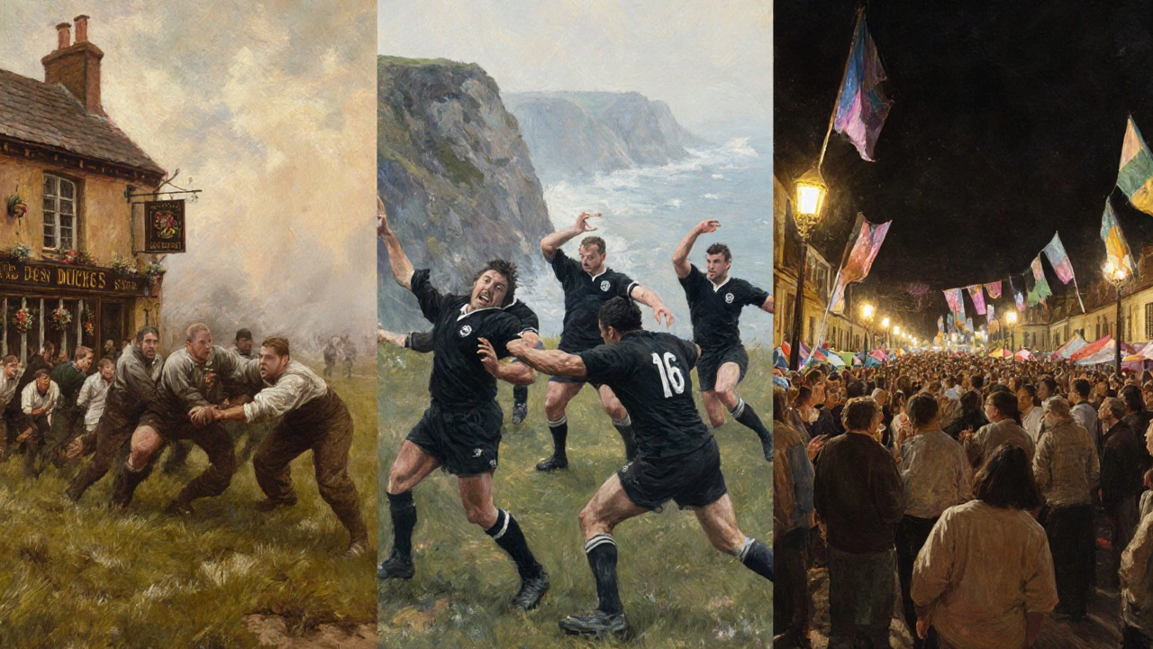 Oil‑painting style scene of Welsh miners, All Blacks haka, and French village rugby festival.