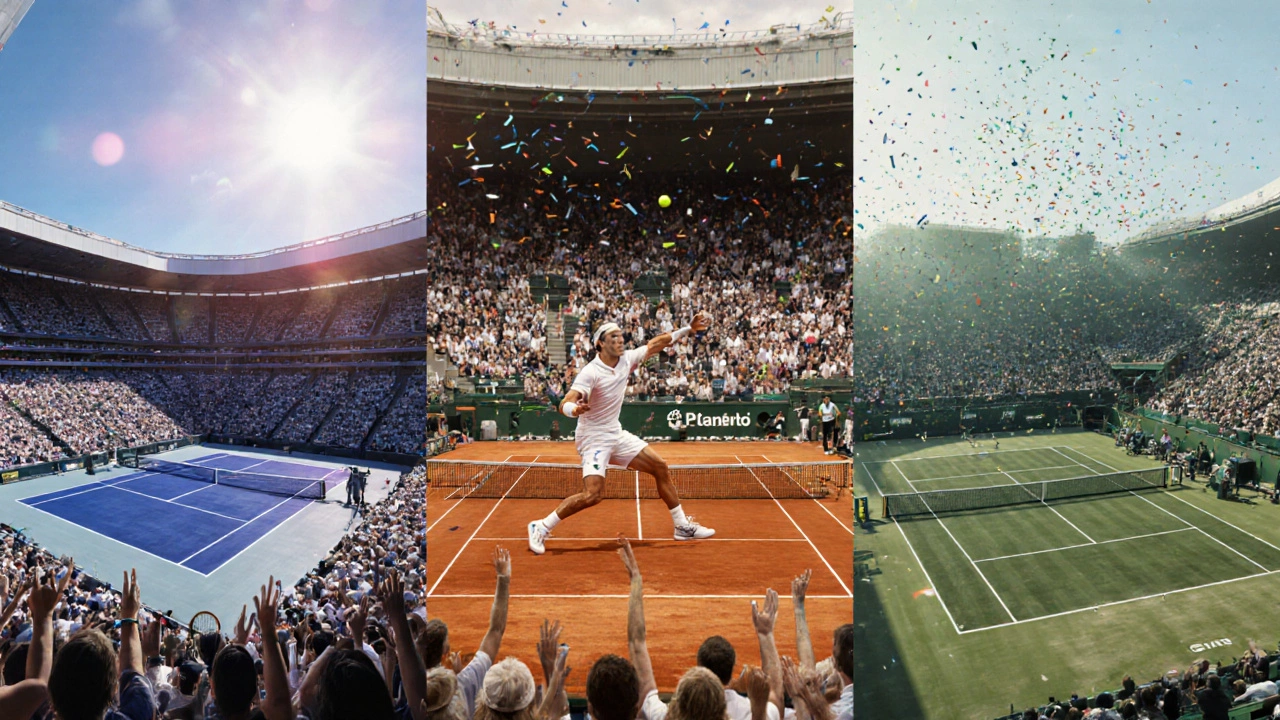 Panoramic view of Melbourne, Paris, and Wimbledon Grand Slam stadiums with players.