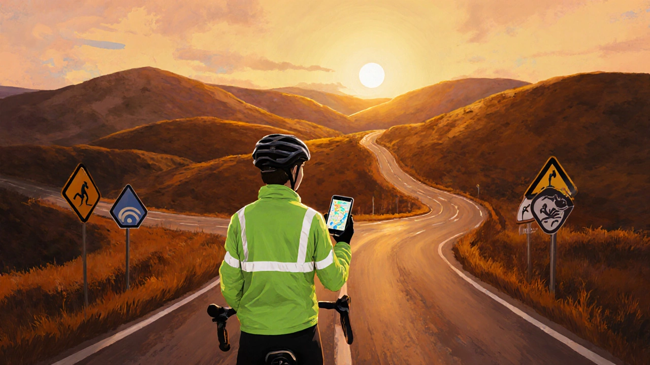 Rider at a countryside fork deciding between simple and detailed navigation routes.