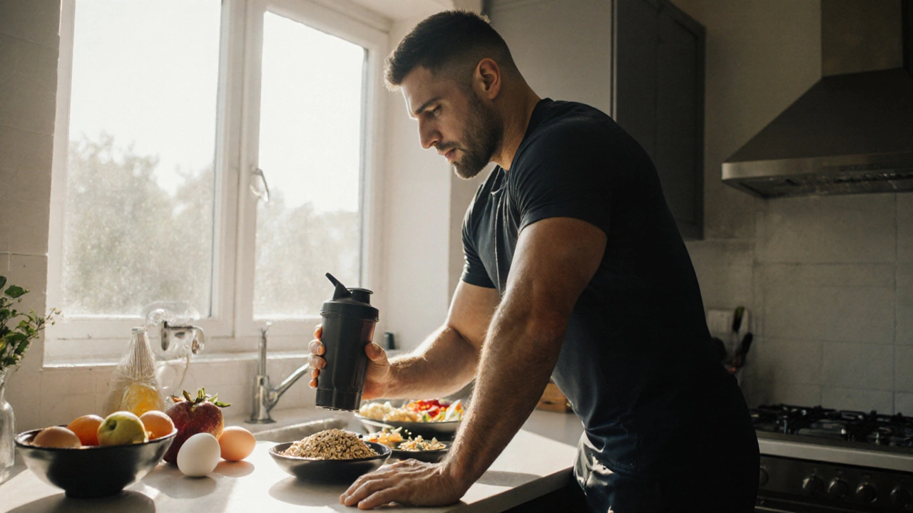 Rugby athlete in kitchen preparing protein‑rich meal, showing strong legs.