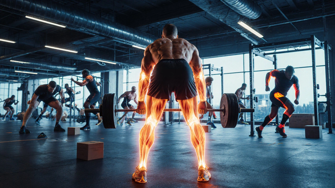 Rugby players training with squats and jumps, muscles highlighted.