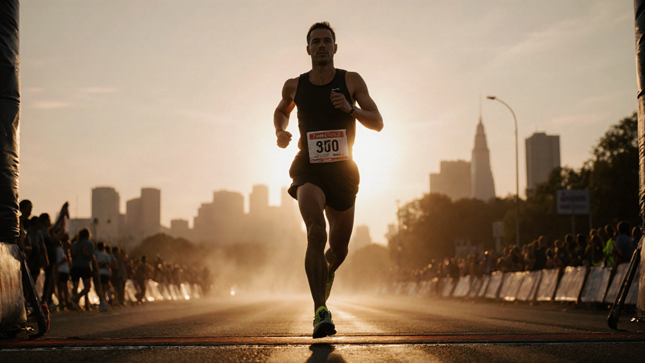 Runner standing at marathon start line at sunrise, ready and confident.