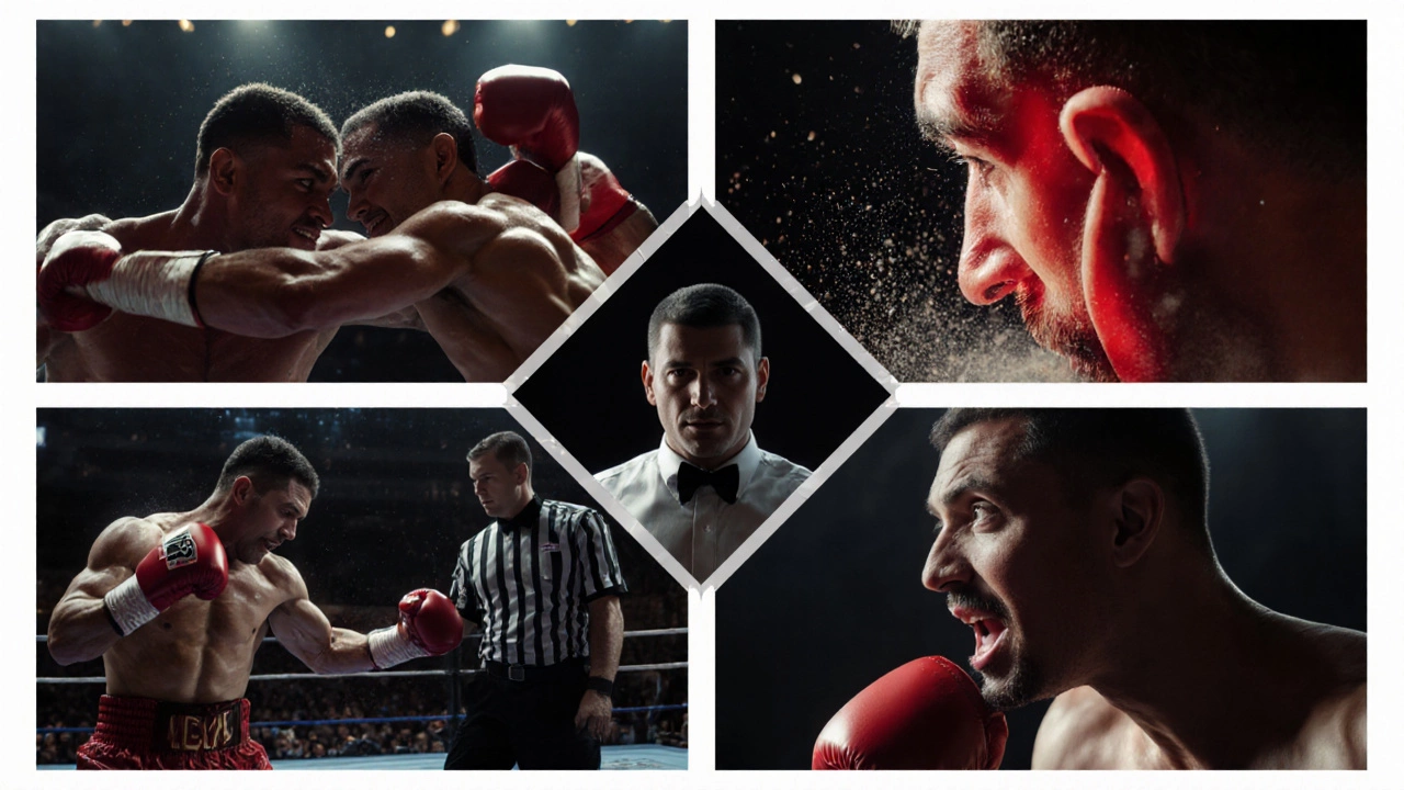 Series of illegal boxing moves—headbutt, elbow strike, bite, low blow—shown with a vigilant referee.