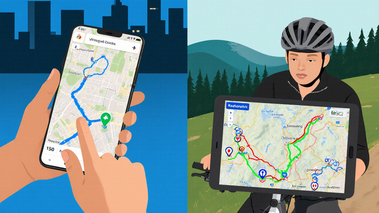 Side‑by‑side view of a commuter using Google Maps and a mountain biker using a detailed trail app.