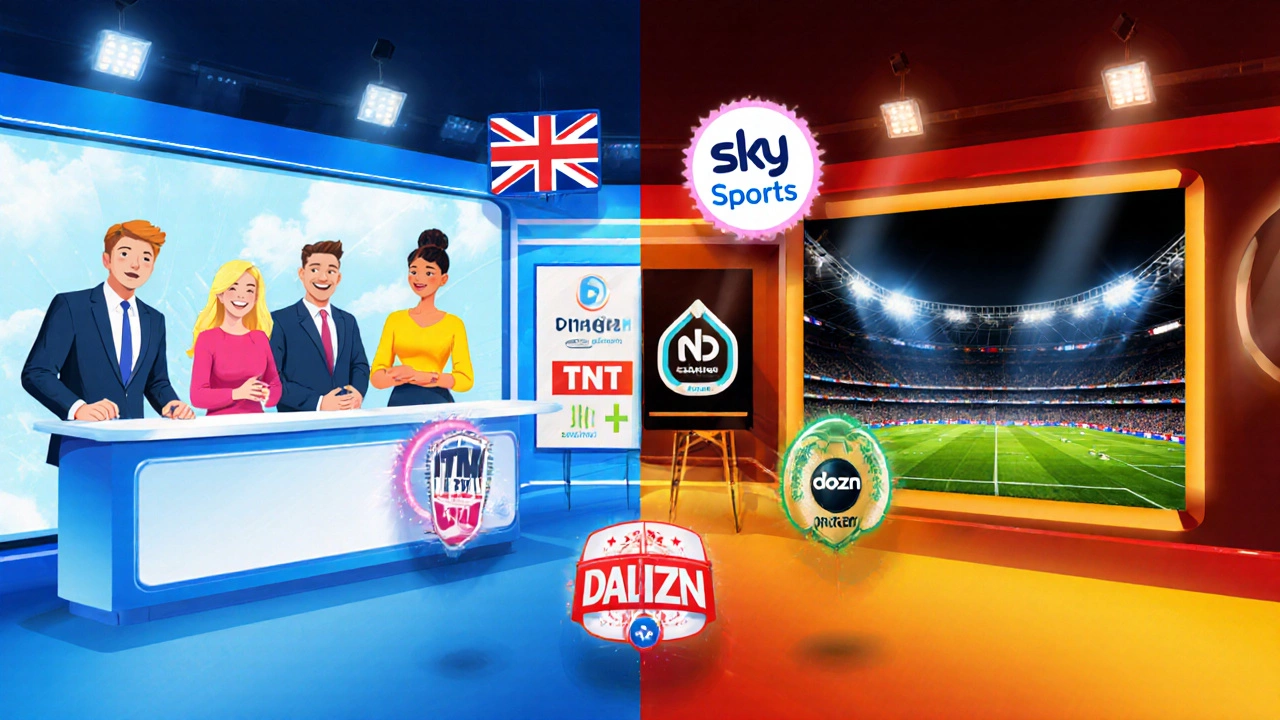 Split illustration of free-to-air BBC/ITV versus subscription Sky/TNT with streaming icons in between.