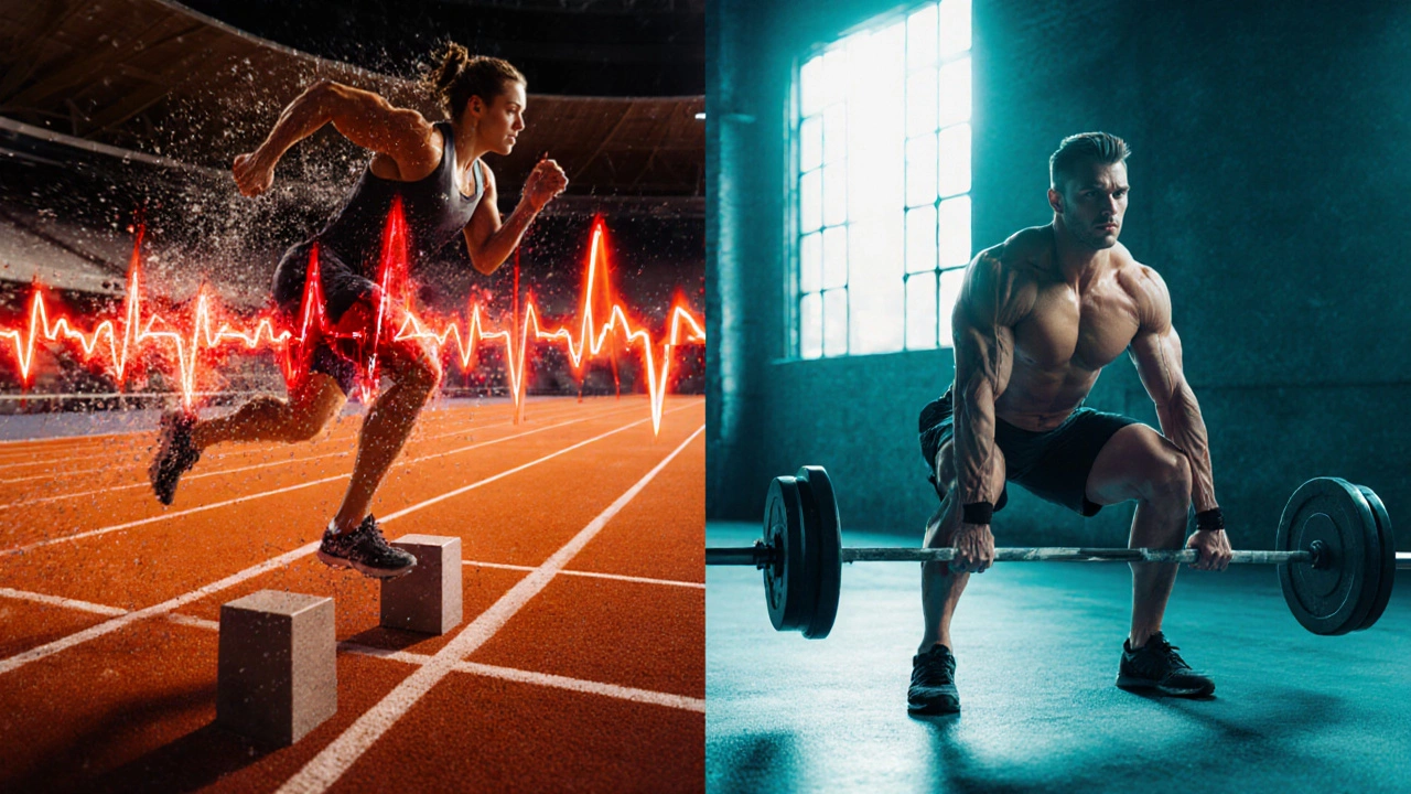 Split view of sprint interval and high‑rep squats illustrating HIIT.