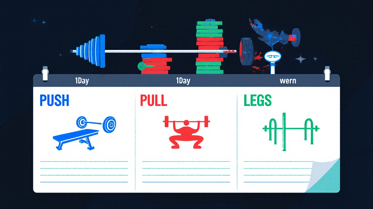 Stylized weekly workout layout with push, pull, legs icons and a barbell adding plates over weeks.