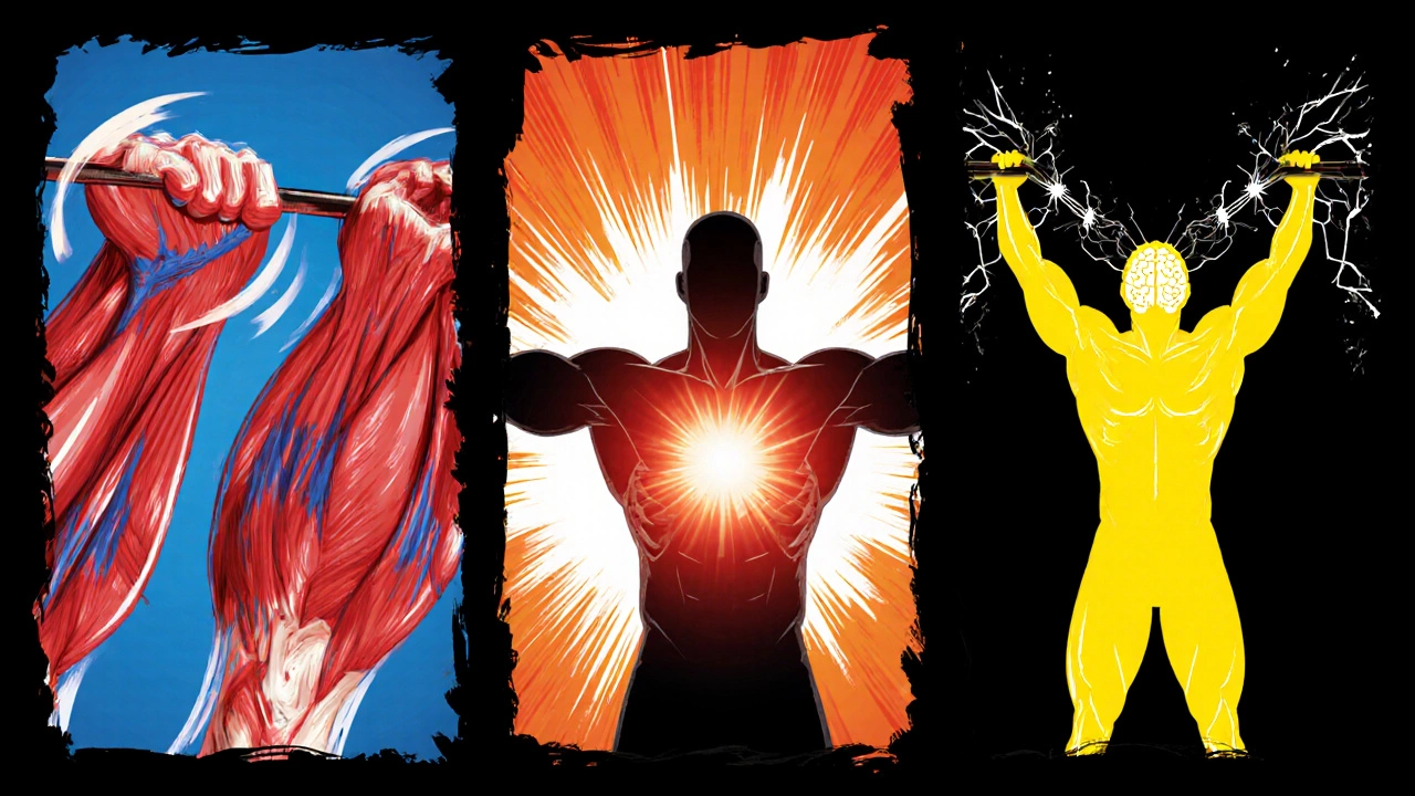 Three‑panel illustration showing muscle stretch, paused tension, and neural activation during a lift.