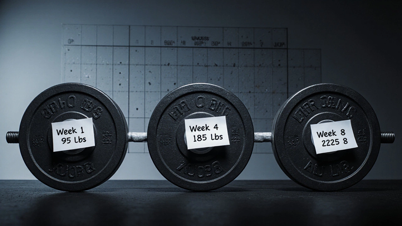 Three progressively heavier barbells showing strength gains over eight weeks of 5x5 training.