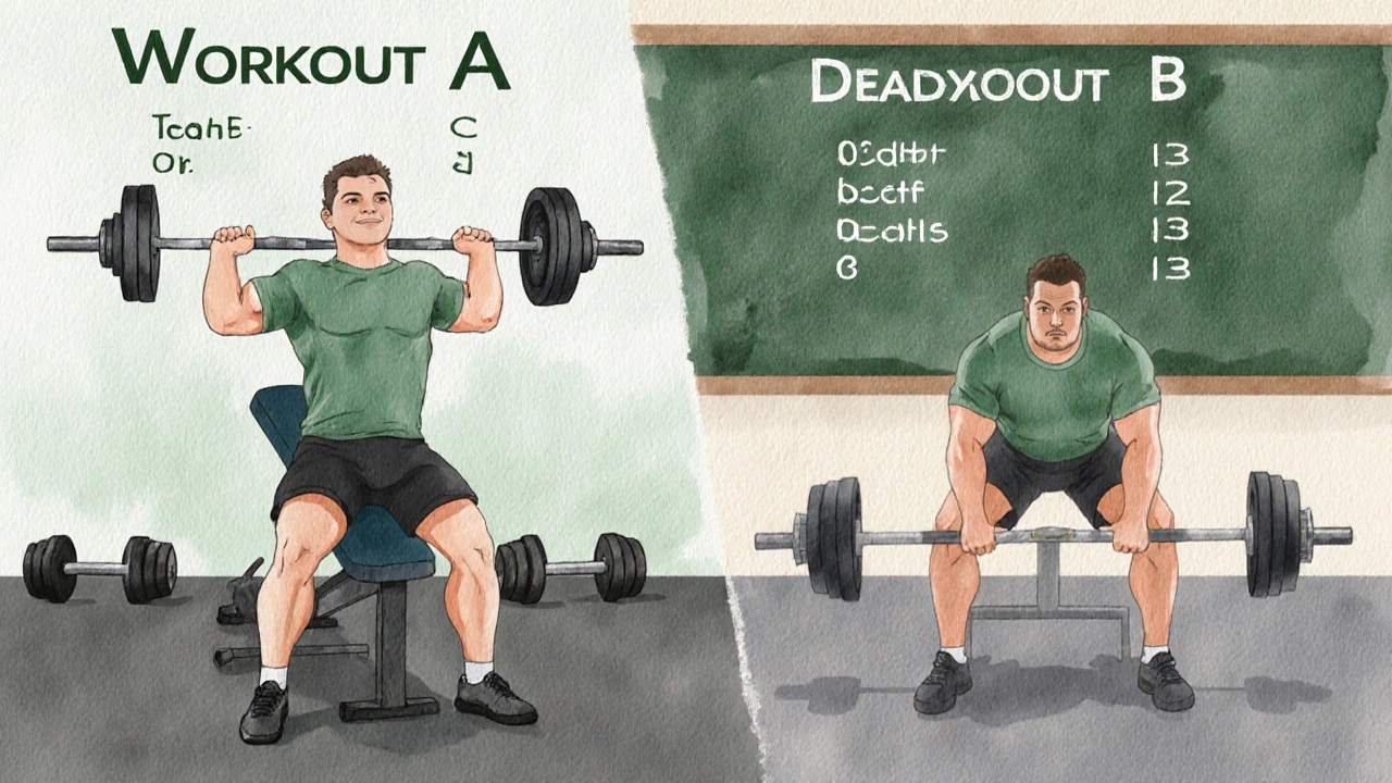Two workout routines displayed side by side with chalkboard markings for squats, bench, and deadlifts.