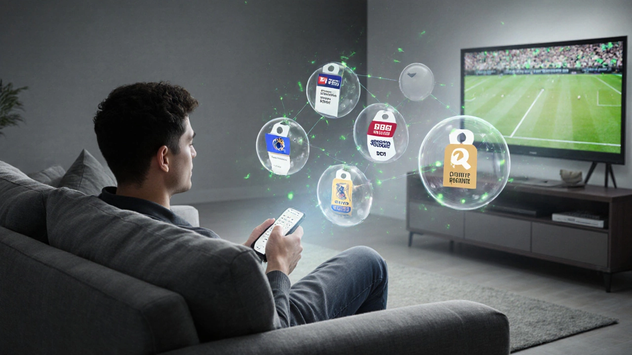 Viewer holding a remote, holographic price tags and football competition symbols float around them.