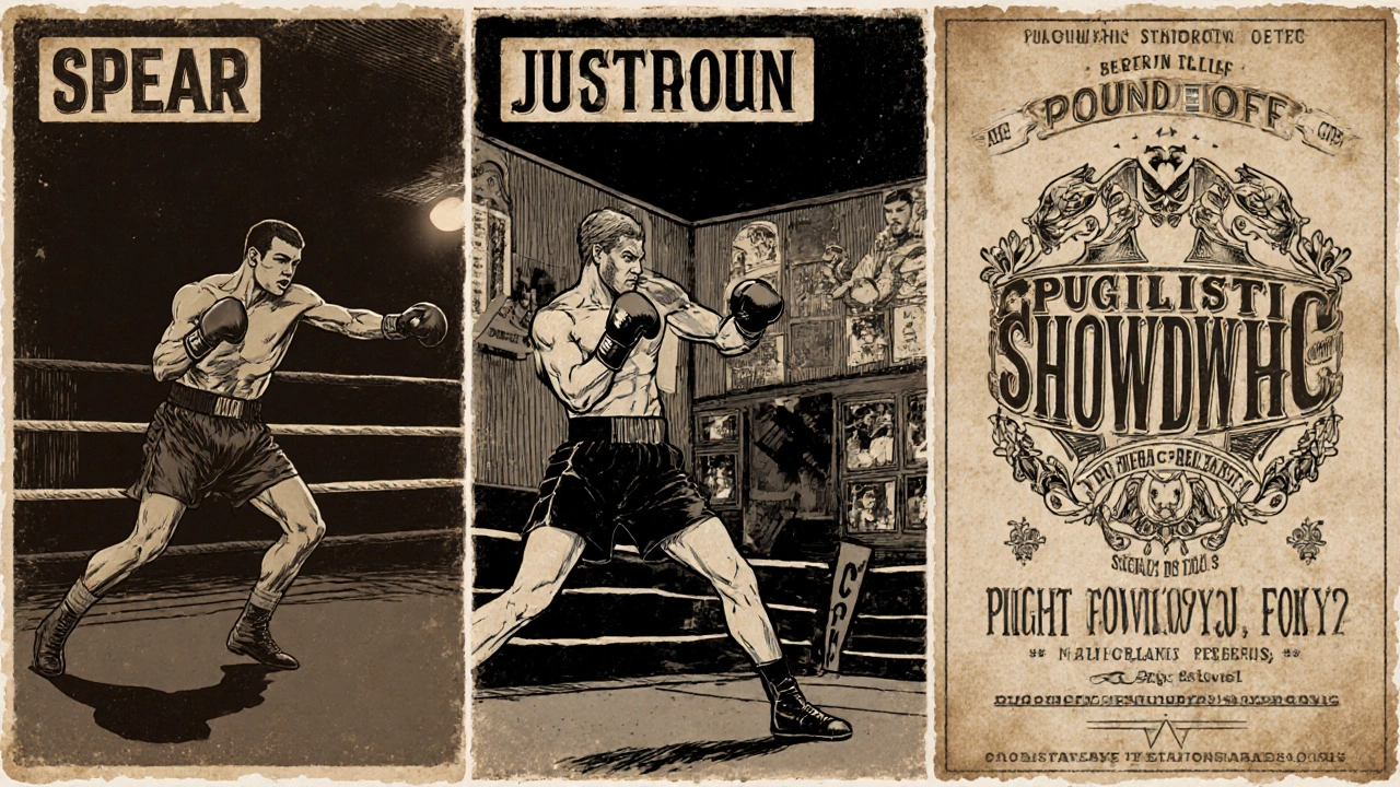 Vintage collage showing UK &quot;spear&quot;, Aussie &quot;pound‑off&quot;, and US showdown.