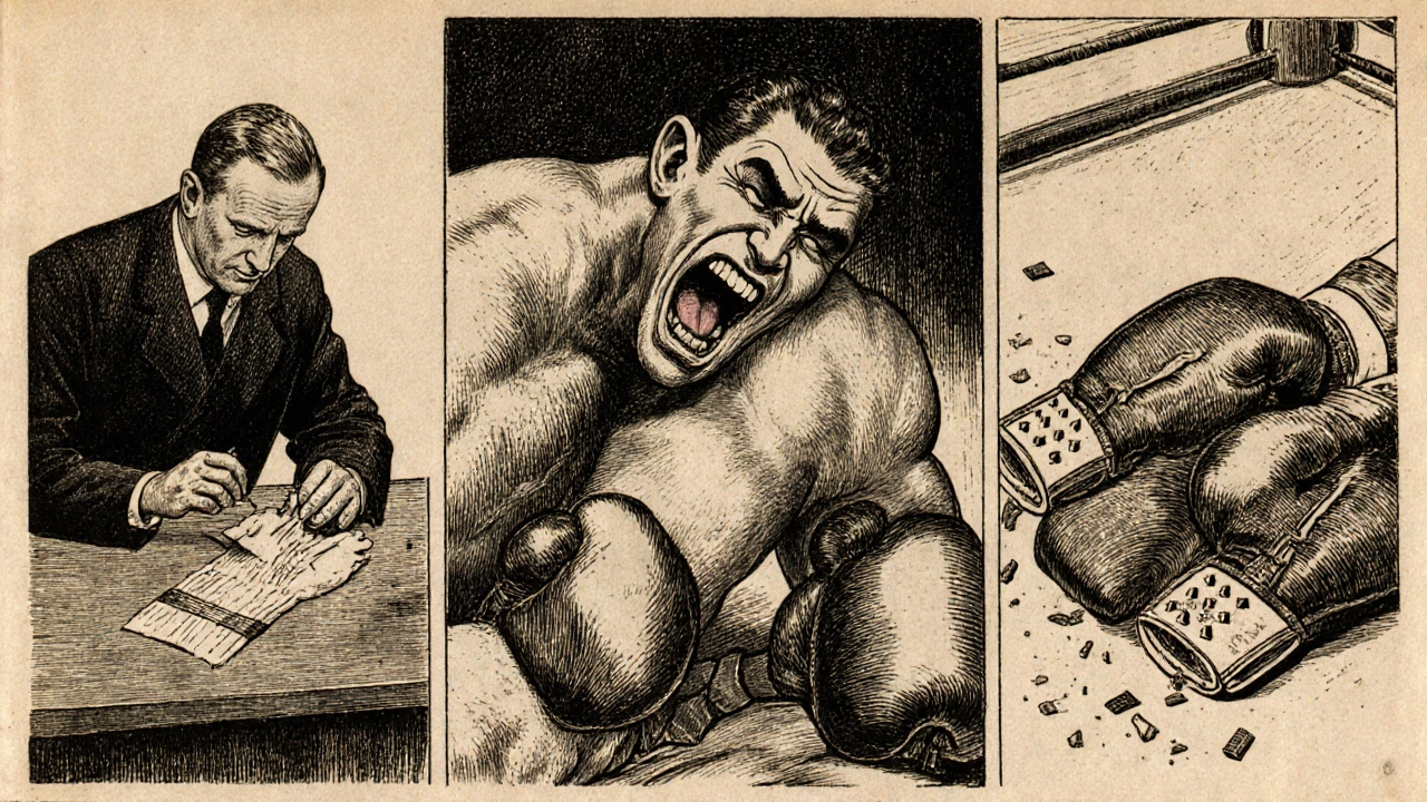 Vintage illustration of a boxer biting an opponent and another boxer’s illegal plaster hand wraps being inspected.