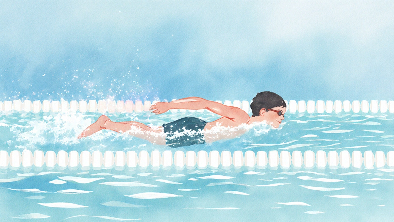 Watercolor of a child swimming with pastel overlays showing muscles and lungs.