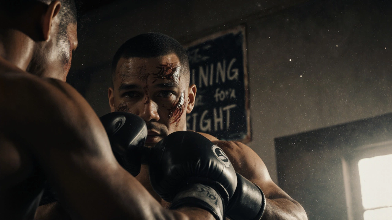 A boxer mid-punch in a dim gym, sweat and blood on his face, focused intensely on his opponent.
