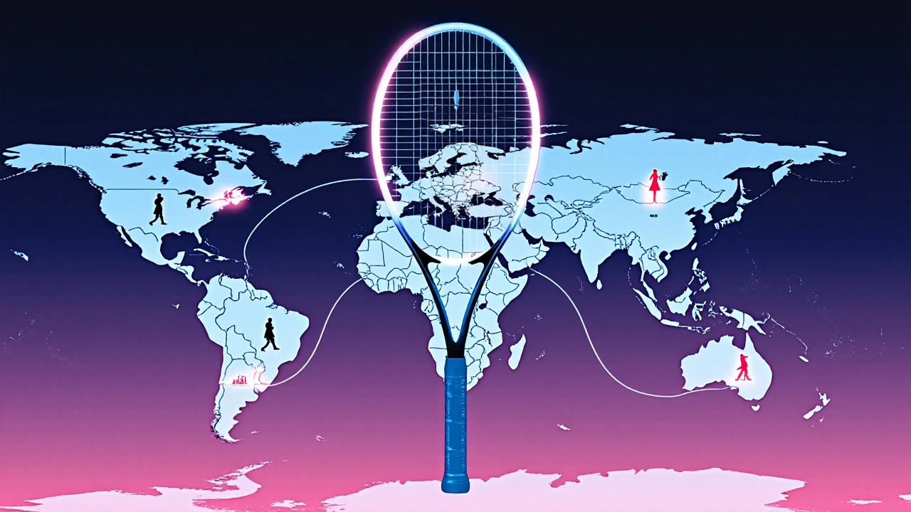 A giant tennis racket with strings splitting into ATP and WTA global pathways, converging at Grand Slam icons.