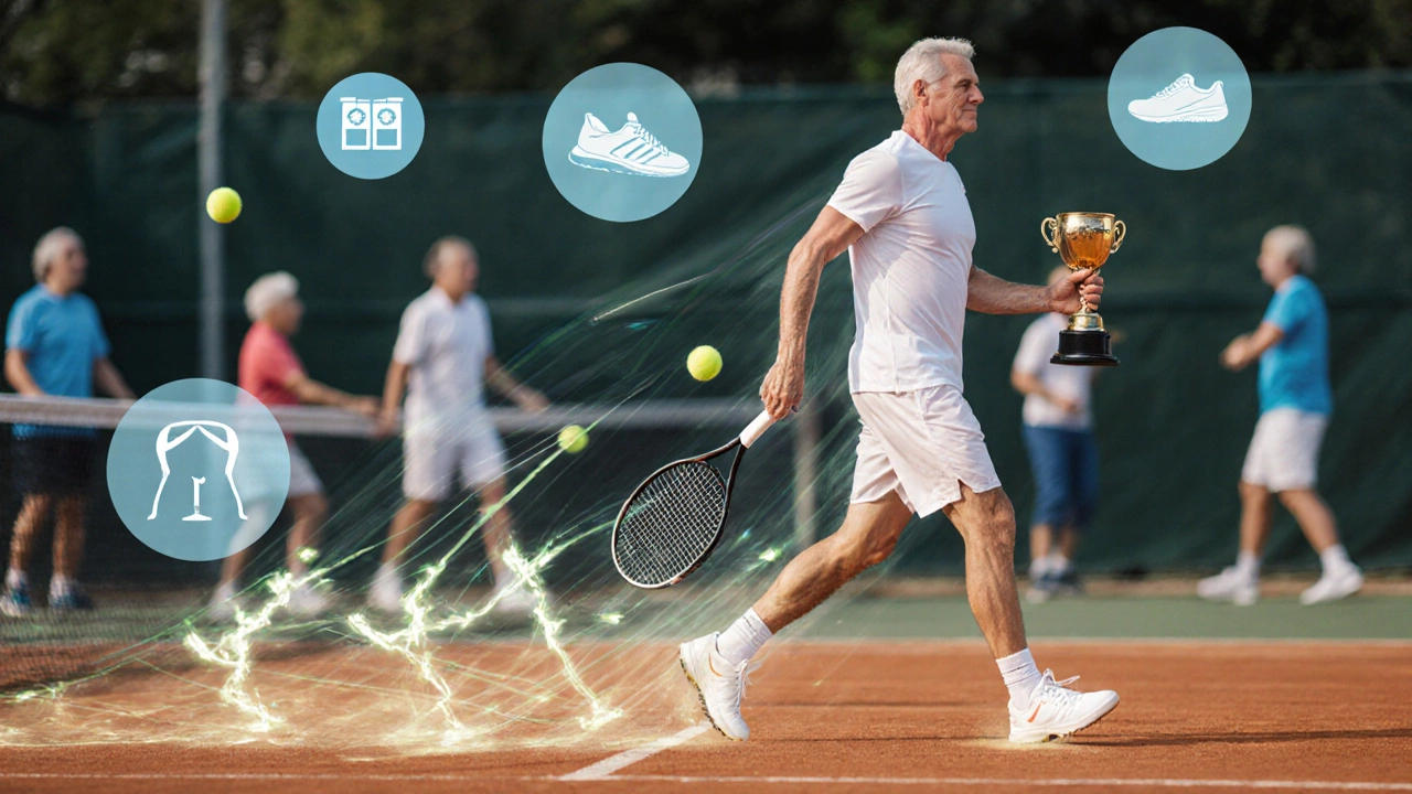 A man&#039;s path of light on a tennis court transforming into exercise movements, leading to a trophy, symbolizing recovery.