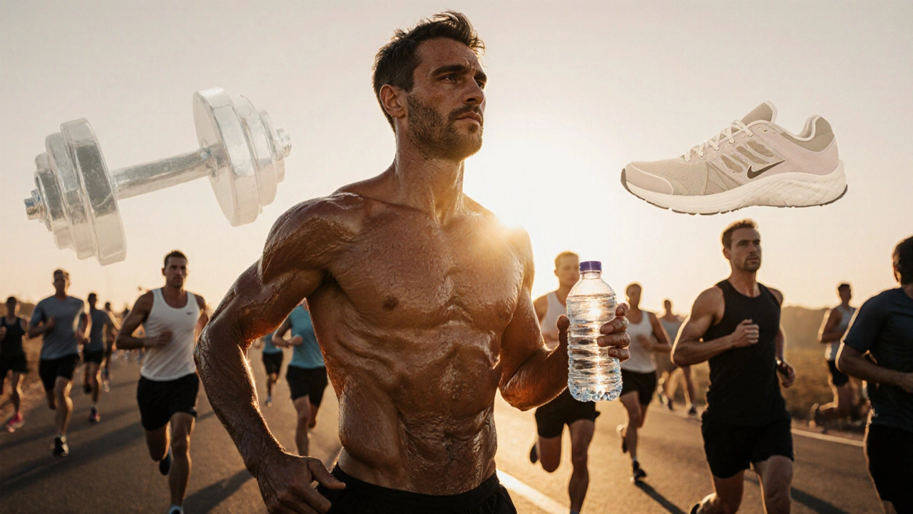 A runner at mile 22 of a marathon, still standing tall while others fatigue, dawn light behind them, symbolizing strength and endurance.