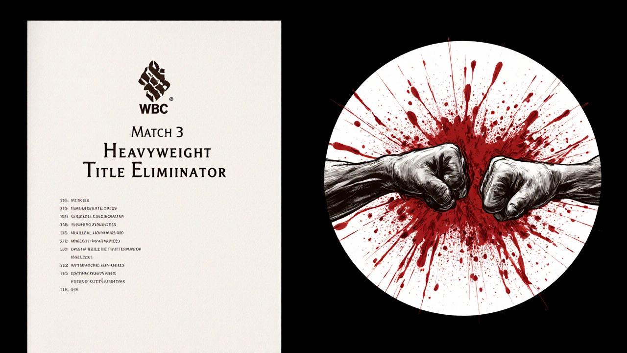 A split illustration showing a formal boxing match card on one side and explosive combat motion on the other.