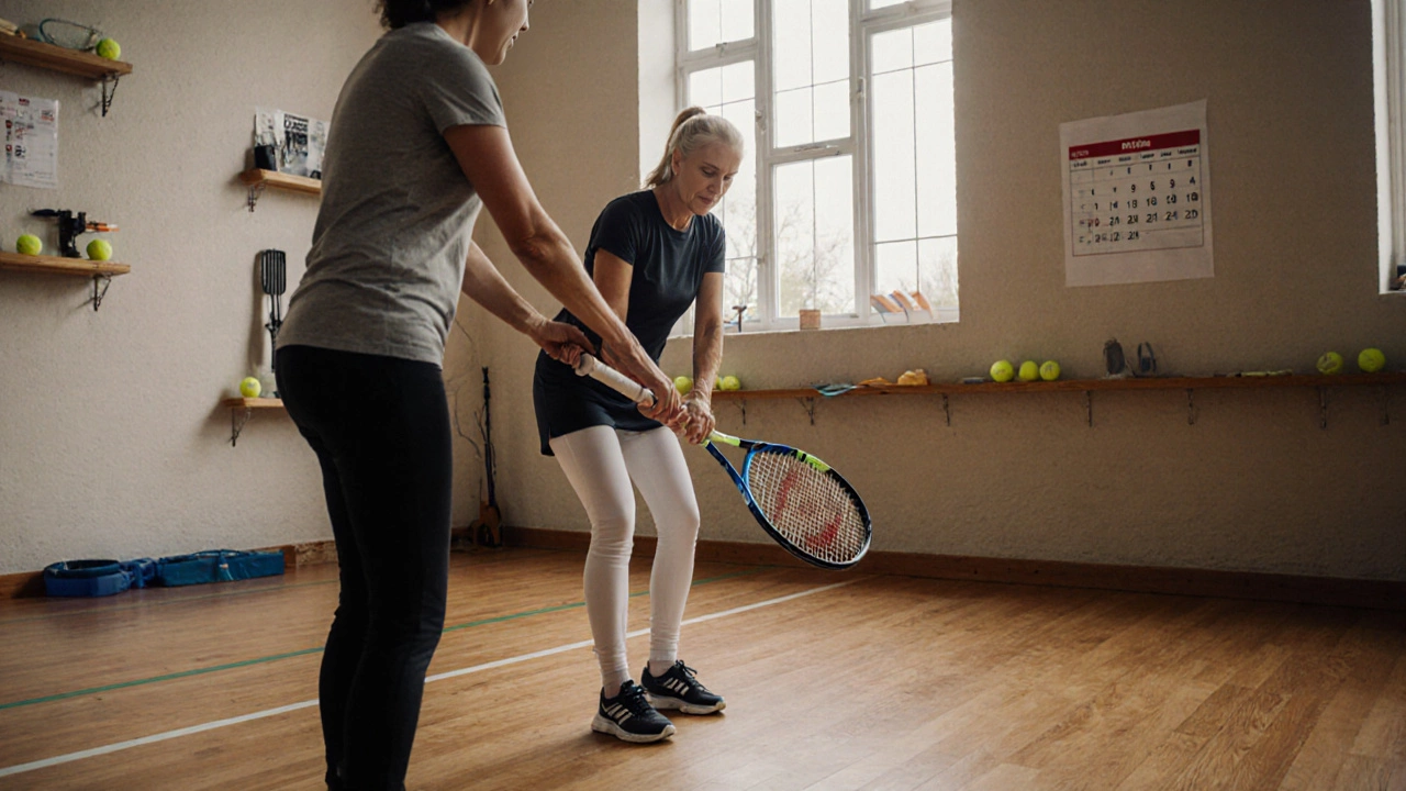 A woman in her 40s practicing grip and stretch at an indoor tennis club, with balls and mobility tools on display.