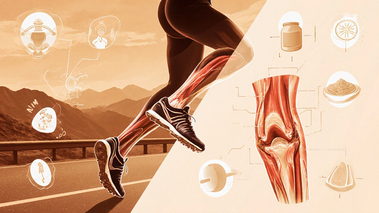 Anatomical illustration showing a runner&#039;s leg with glowing functional muscles and supporting structures, surrounded by training symbols.