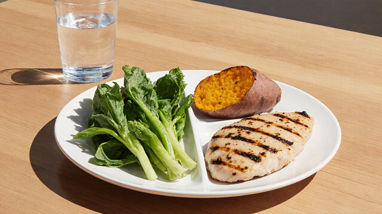 Balanced plate with vegetables, chicken, and sweet potato on wooden table.