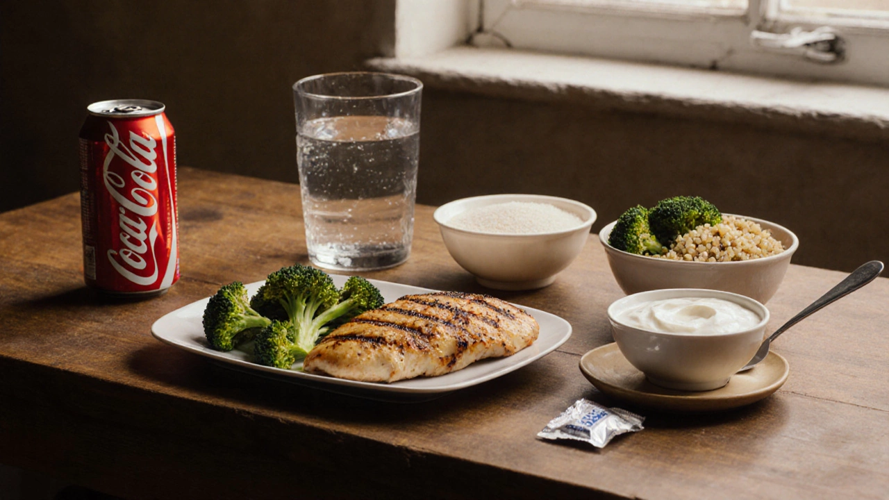Clean whole foods arranged on a wooden table with discarded sugary drinks beside them.