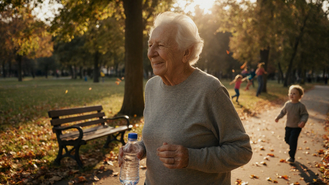 Elderly person walking briskly in a leafy park during autumn.