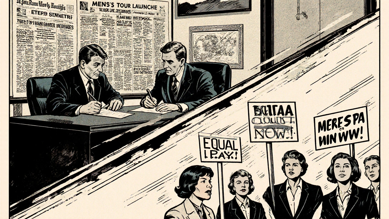 Historical comic-style scene of male and female tennis pioneers signing founding documents in the 1970s.