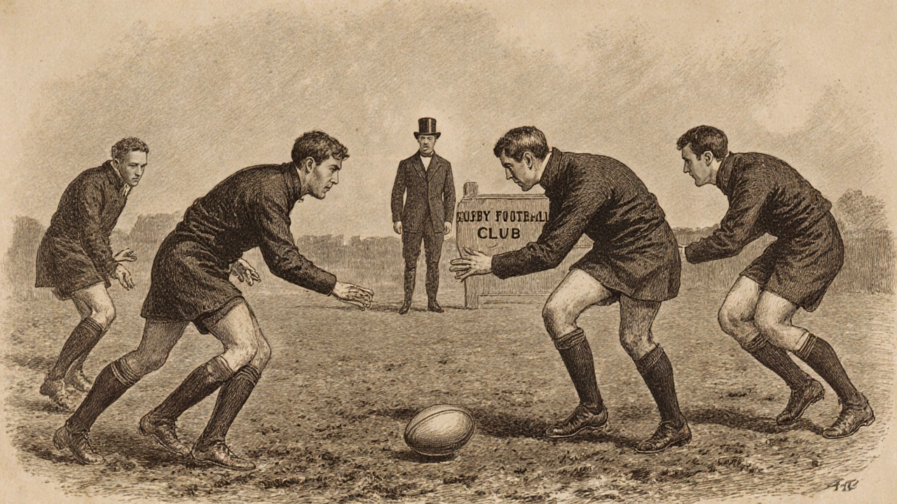 Men in 1870s jerseys play early rugby on a muddy field with a wooden club sign in the background.