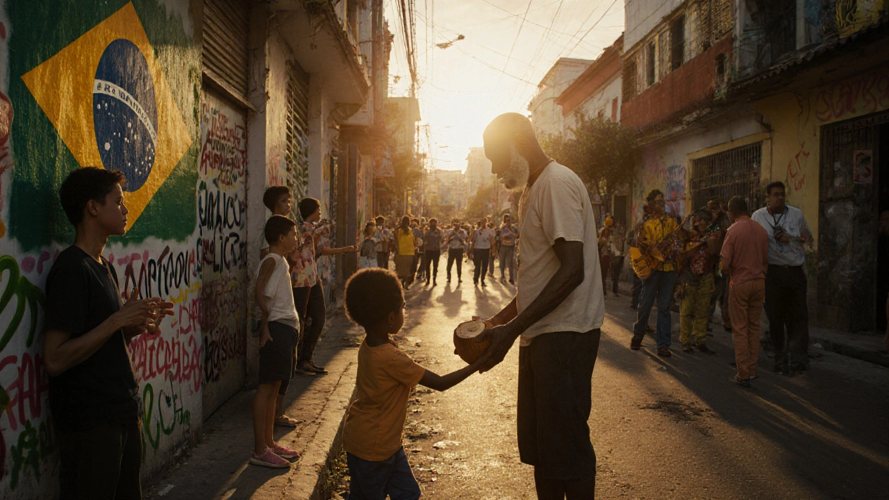 Modern Rio street scene with diverse Brazilians speaking Portuguese, samba music, and golden hour lighting.