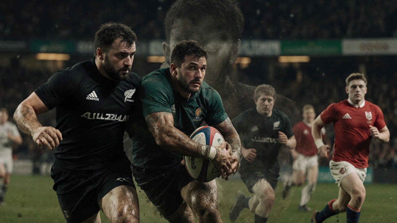 Modern rugby players from around the world collide in a World Cup match with ghostly echoes of 1820s players.